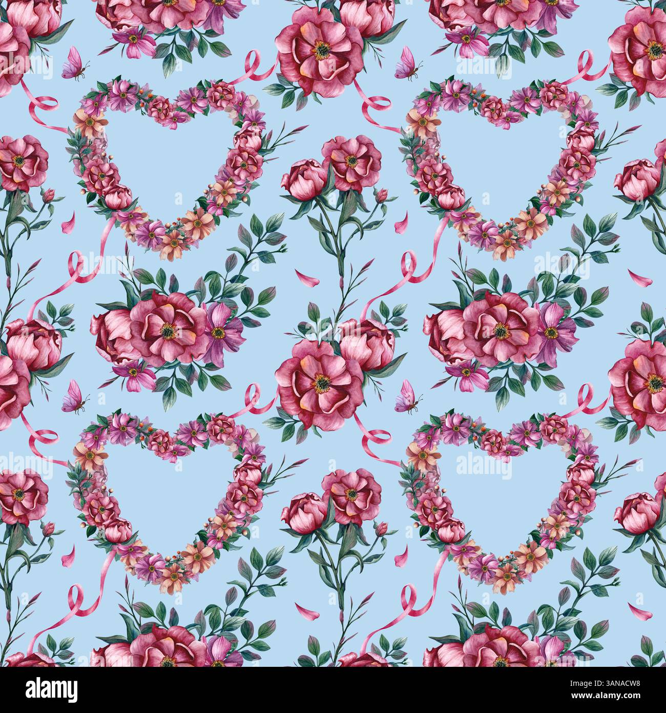 Couronne florale coeurs modèle de forme fleurs modèle sans couture. Illustration aquarelle isolée sur fond bleu. Ornement botanique pour l'emballage Banque D'Images
