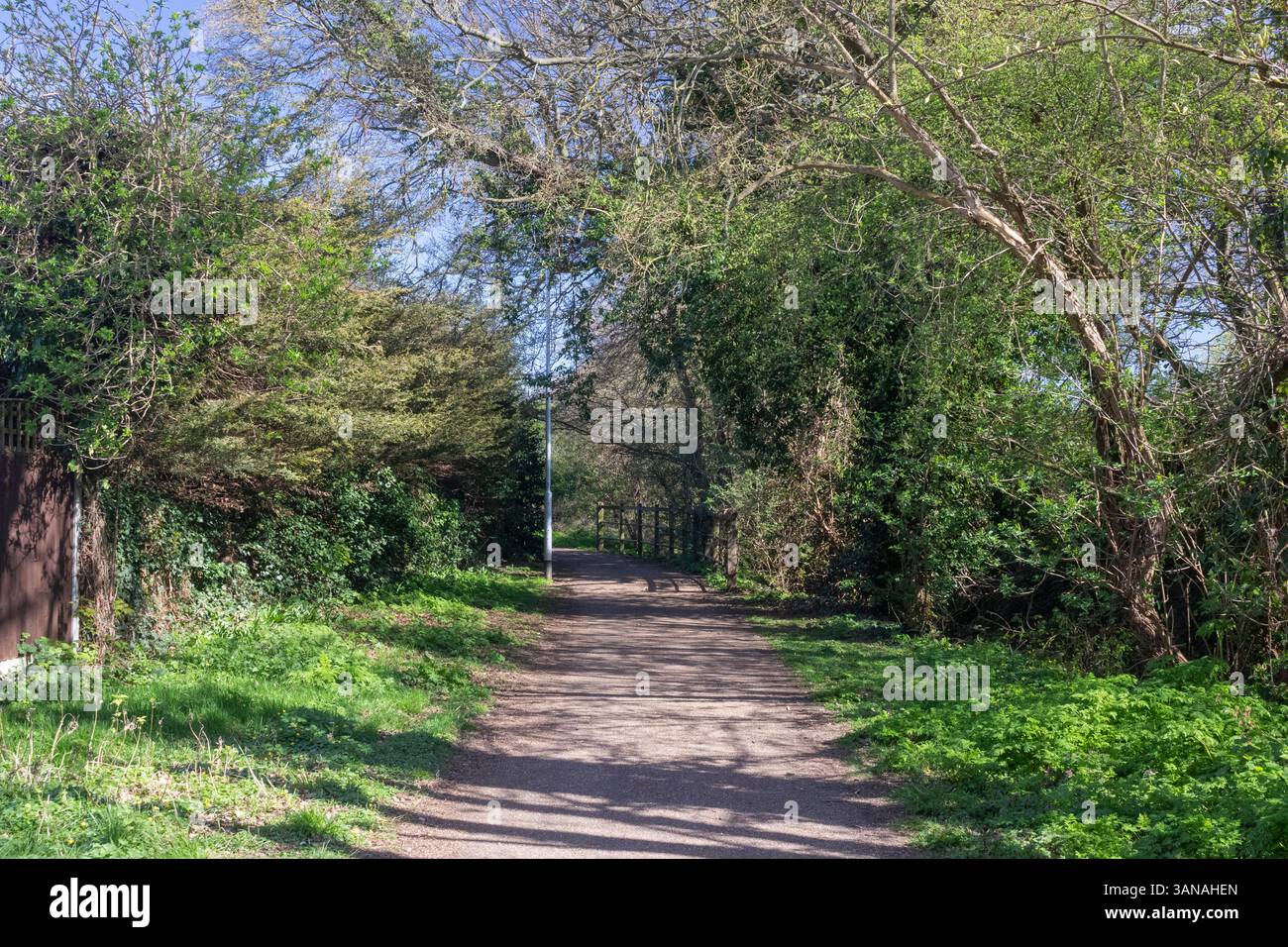Sentier parallèle à Prittle Brook Greenway, Leigh-on-Sea, Essex, Angleterre, Royaume-Uni, un jour ensoleillé de printemps. (Une connexion sans trafic pour cy Banque D'Images