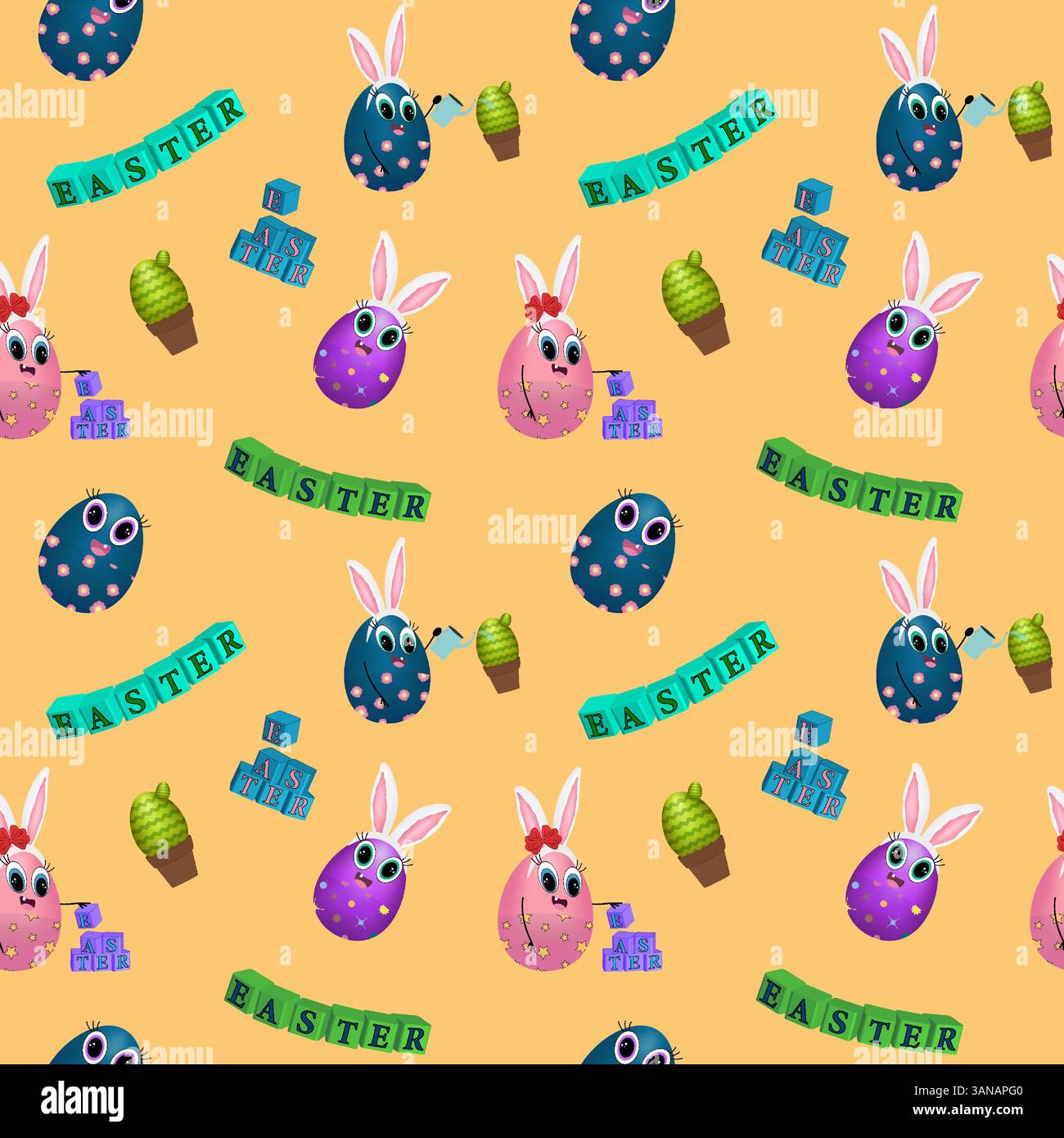Modèle sans couture avec des éléments 3D avec oeuf de Pâques souriant anthropomorphique pour tout-petit avec oreilles de lapin et cactus, et cubes avec inscription de Pâques o Illustration de Vecteur