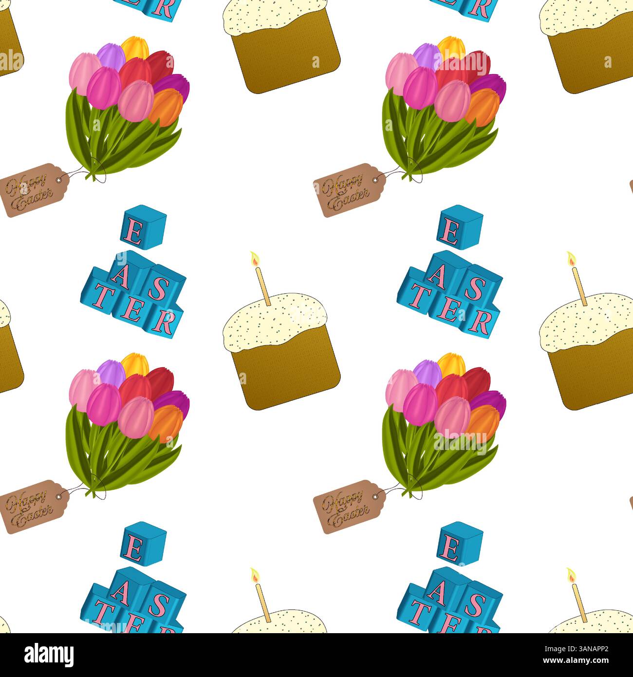 Motif festif sans couture avec des éléments 3D avec un bouquet de tulipes, un gâteau de Pâques avec des bougies et des flammes, et des éléments décoratifs sur un dos blanc Illustration de Vecteur
