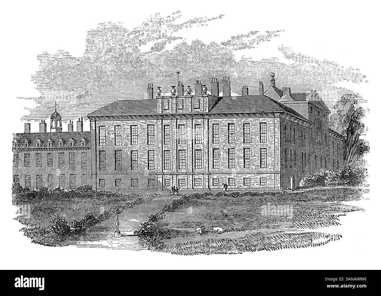 Gravure vintage 1854 du palais de Kensington dans les jardins de Kensington, Londres, Angleterre. Banque D'Images