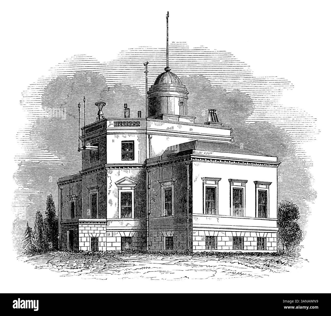 Gravure vintage 1854 de l'Observatoire du Roi (anciennement Observatoire de Kew) dans le parc Old Deer à Richmond, Londres. Conçu par Sir William Chambers. Banque D'Images