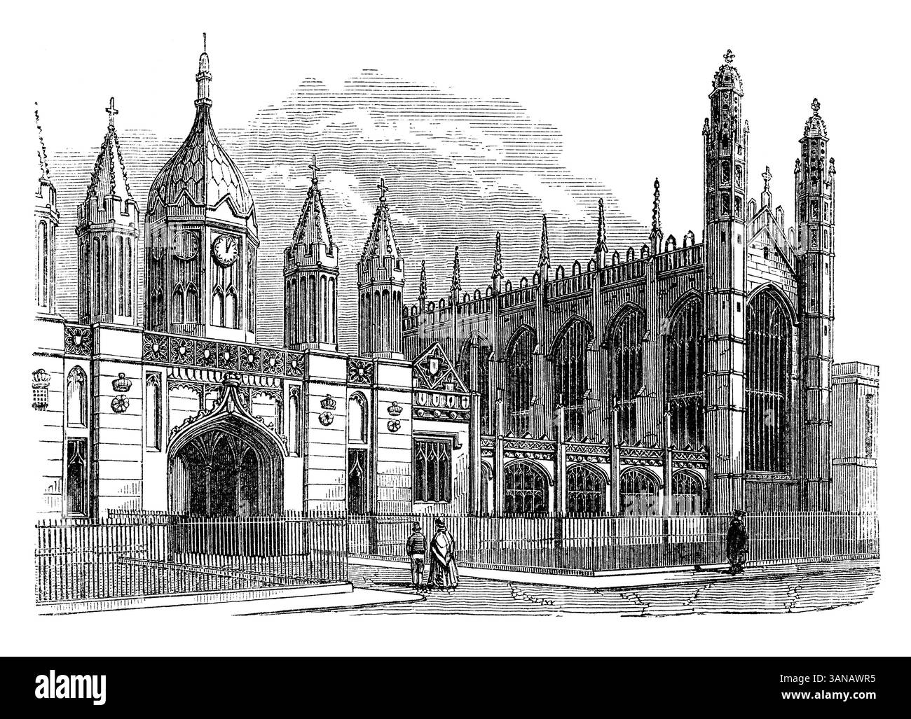 Gravure vintage 1854 du King's College, Cambridge, Angleterre. Banque D'Images