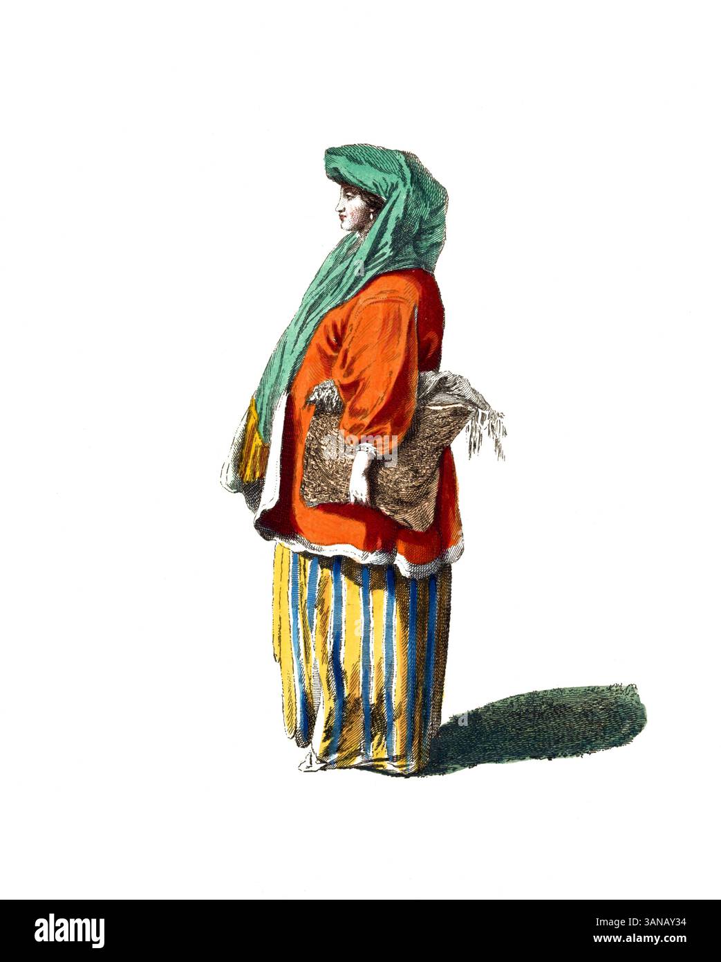 Vêtements historiques, histoire de la mode, Une paysanne revient du marché en 1764, Angleterre, reproduction restaurée numériquement d'un original du 18ème/19ème siècle, date exacte inconnue Banque D'Images