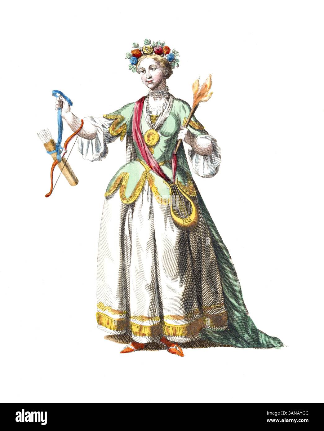 Vêtements historiques, histoire de la mode, femme symbole d'Erato, fille de Zeus et Mnémosyne, l'une des neuf muses de la mythologie grecque, XVIIIe siècle, reproduction restaurée numériquement d'un original du XVIIIe/XIXe siècle, date exacte inconnue Banque D'Images