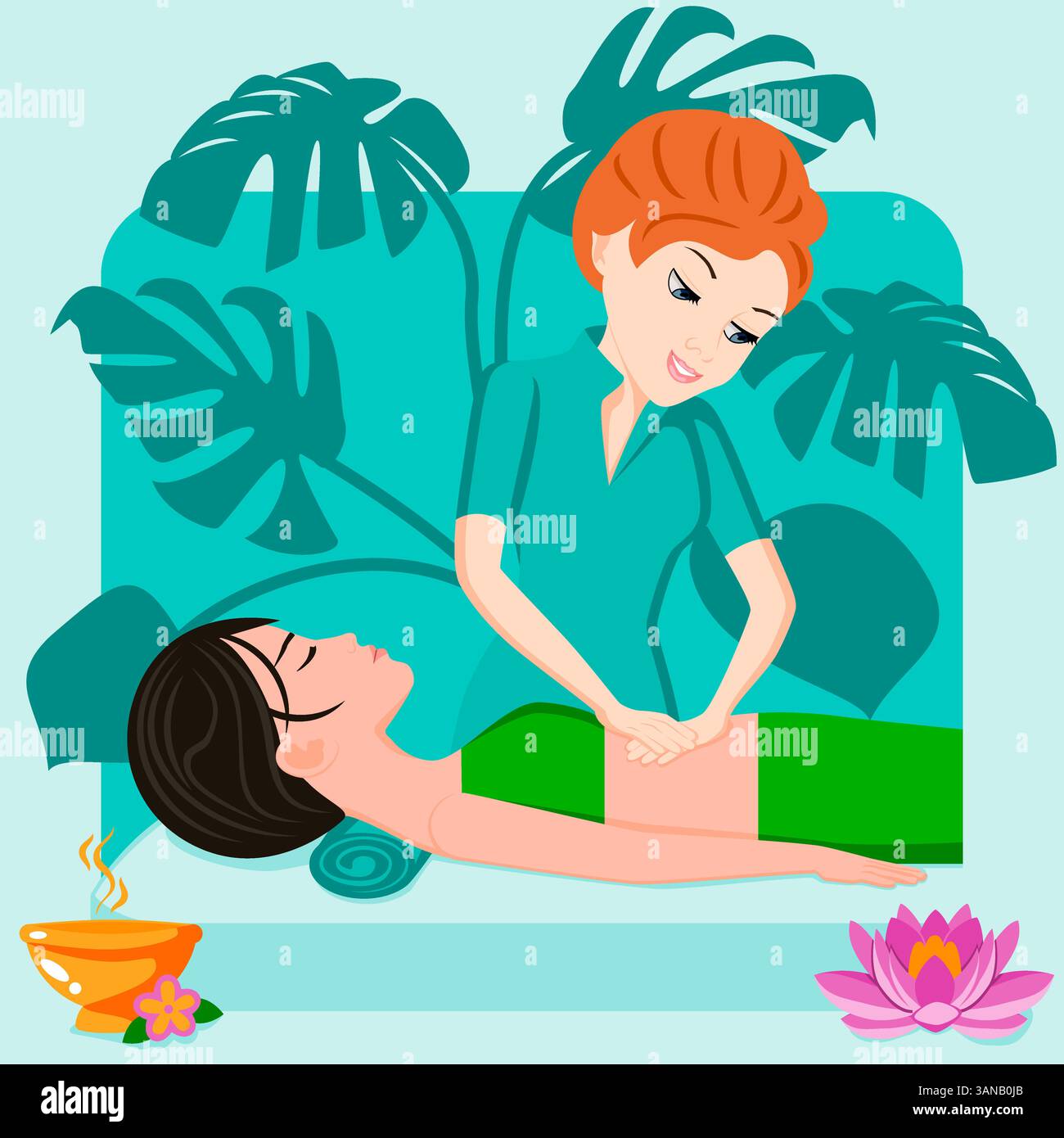 Massage abdominal. Thérapie et traitement par thérapeute professionnel en SPA. Illustration vectorielle plate isolée. Ethnie européenne et asiatique. Illustration de Vecteur