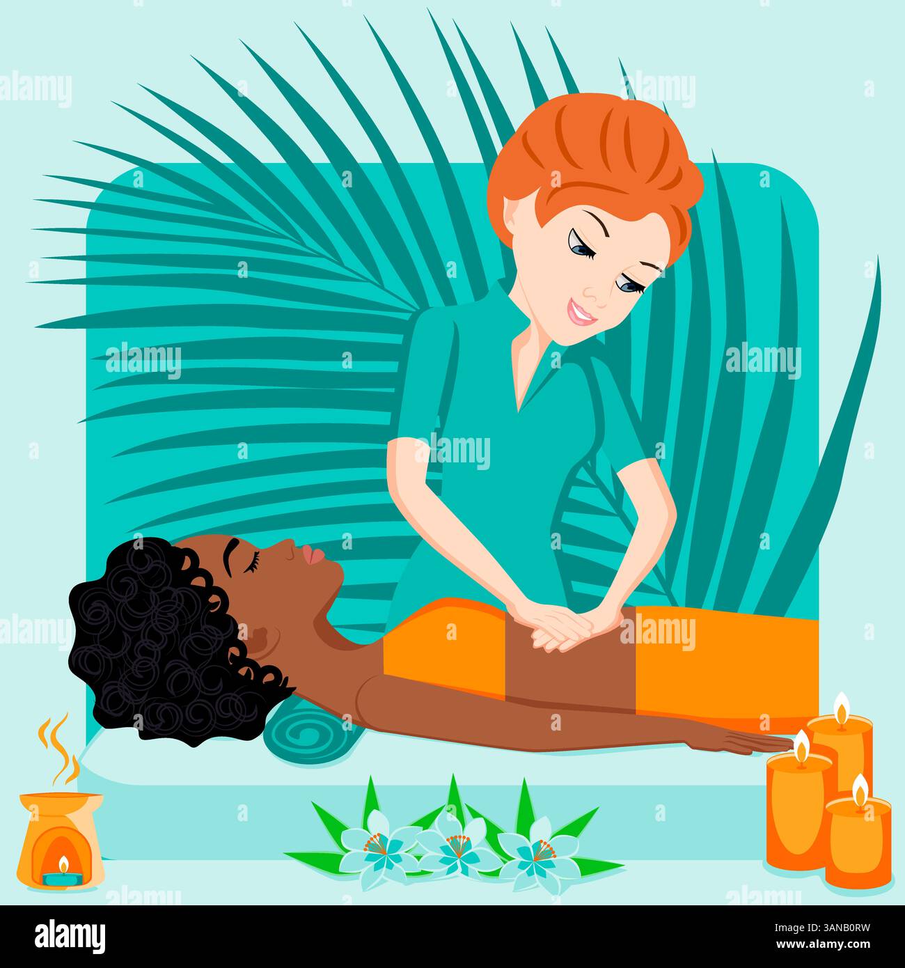 Massage abdominal. Thérapie et traitement par thérapeute professionnel en SPA. Illustration vectorielle plate isolée. Ethnie européenne et africaine. Illustration de Vecteur