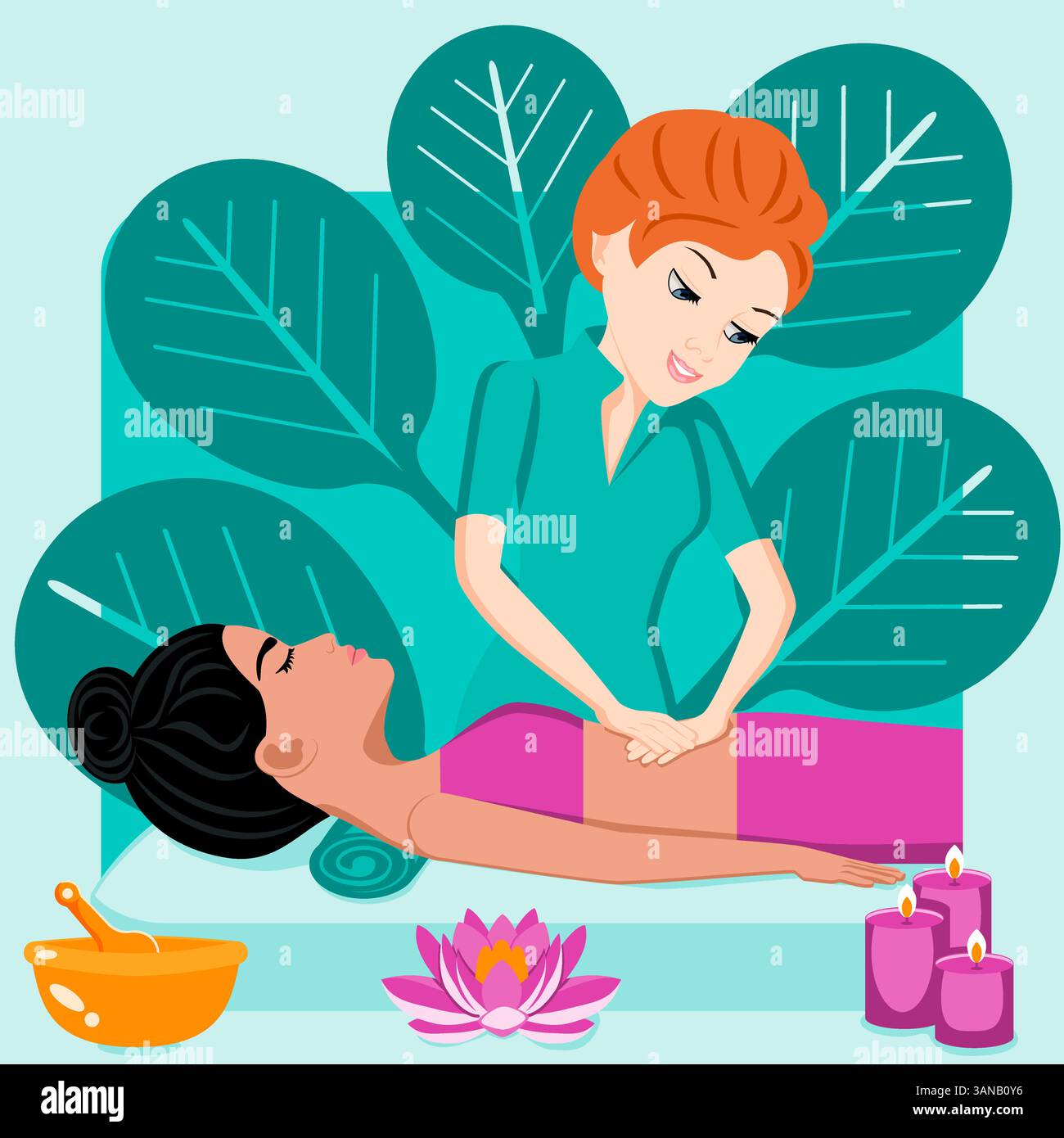 Massage abdominal. Thérapie et traitement par thérapeute professionnel en SPA. Illustration vectorielle plate isolée. Ethnie européenne et indienne. Illustration de Vecteur