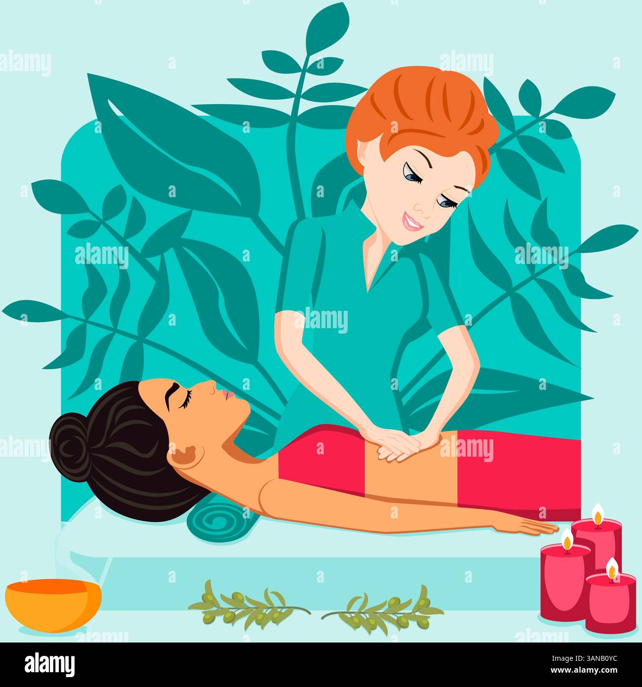 Massage abdominal. Thérapie et traitement par thérapeute professionnel en SPA. Illustration vectorielle plate isolée. Ethnie européenne et orientale. Illustration de Vecteur