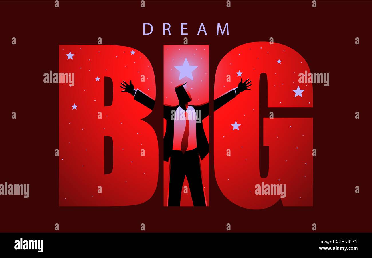Symbolisant l'ambition, ce design met en VEDETTE le mot DREAM BIG intégré à la silhouette d'un homme d'affaires ouvrant ses bras sur un fond étoilé. Illustration de Vecteur Symbolisant l'ambition, ce design met en VEDETTE le mot DREAM BIG intégré à la silhouette d'un homme d'affaires ouvrant ses bras sur un fond étoilé. Illustration de Vecteur