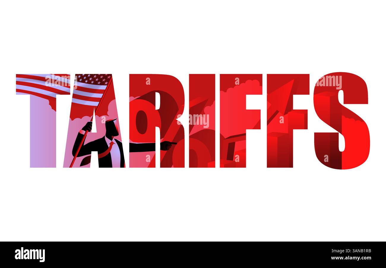 Masquage de texte du mot TARIFS. À l'intérieur du texte, un homme d'affaires tenant le drapeau américain, des graphiques à barres montantes et un symbole de pourcentage, représentant ce Illustration de Vecteur