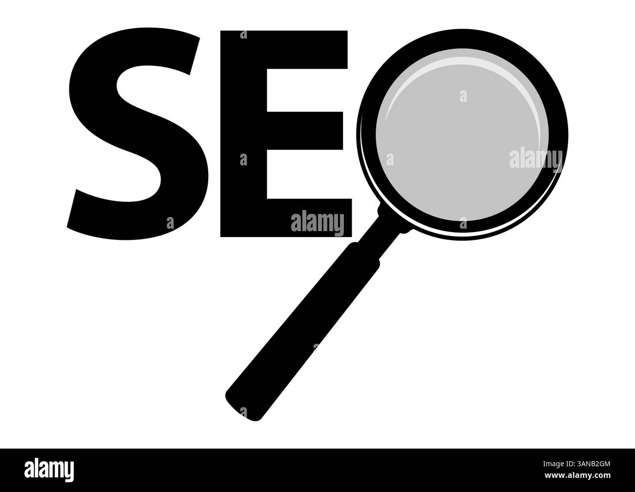 Design minimaliste de logo SEO noir et blanc avec une loupe intégrée dans le texte. Représente l'optimisation des moteurs de recherche, le marketing numérique Illustration de Vecteur