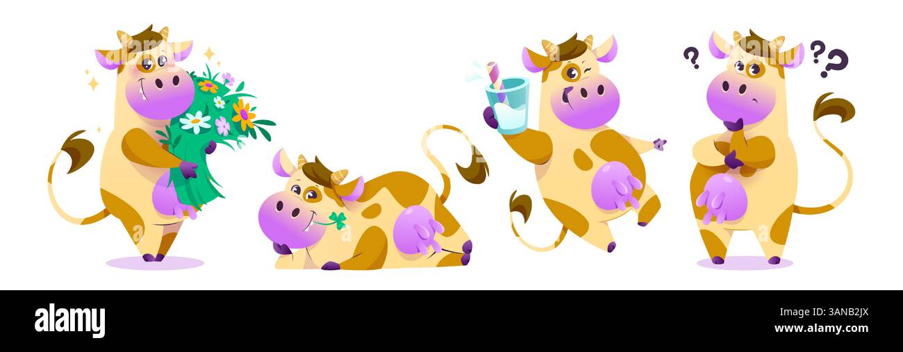 Personnages de vache mignons ensemble isolé sur fond blanc. Illustration vectorielle de dessin animé d'animal de ferme drôle avec mamelle tenant des fleurs, couché, boire un cocktail de lait, penser, belles mascottes de produits laitiers Illustration de Vecteur