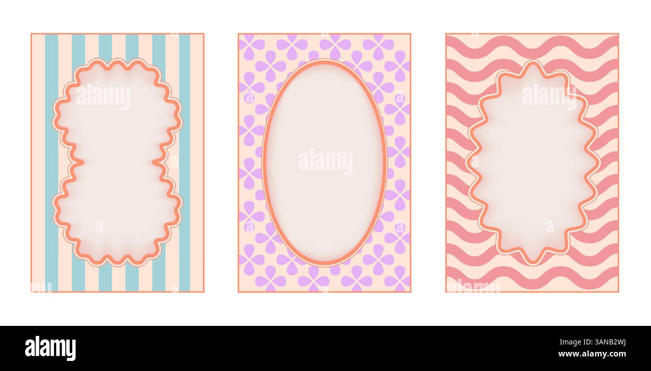 Groovy Wavy Borders collection de cadres - formes ovales géométriques rayées remplies de motifs dans des couleurs pastel. Éléments rétro funky avec bords incurvés. graphismes ornementaux hippie psychédéliques des années 1960. Illustration de Vecteur