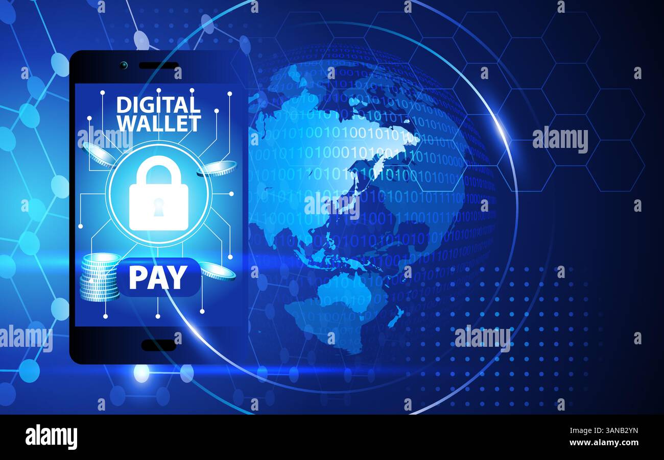 Portefeuille numérique sur smartphone avec icône de paiement sécurisé et fond technologique. Idéal pour la fintech, le commerce électronique et la cybersécurité Illustration de Vecteur