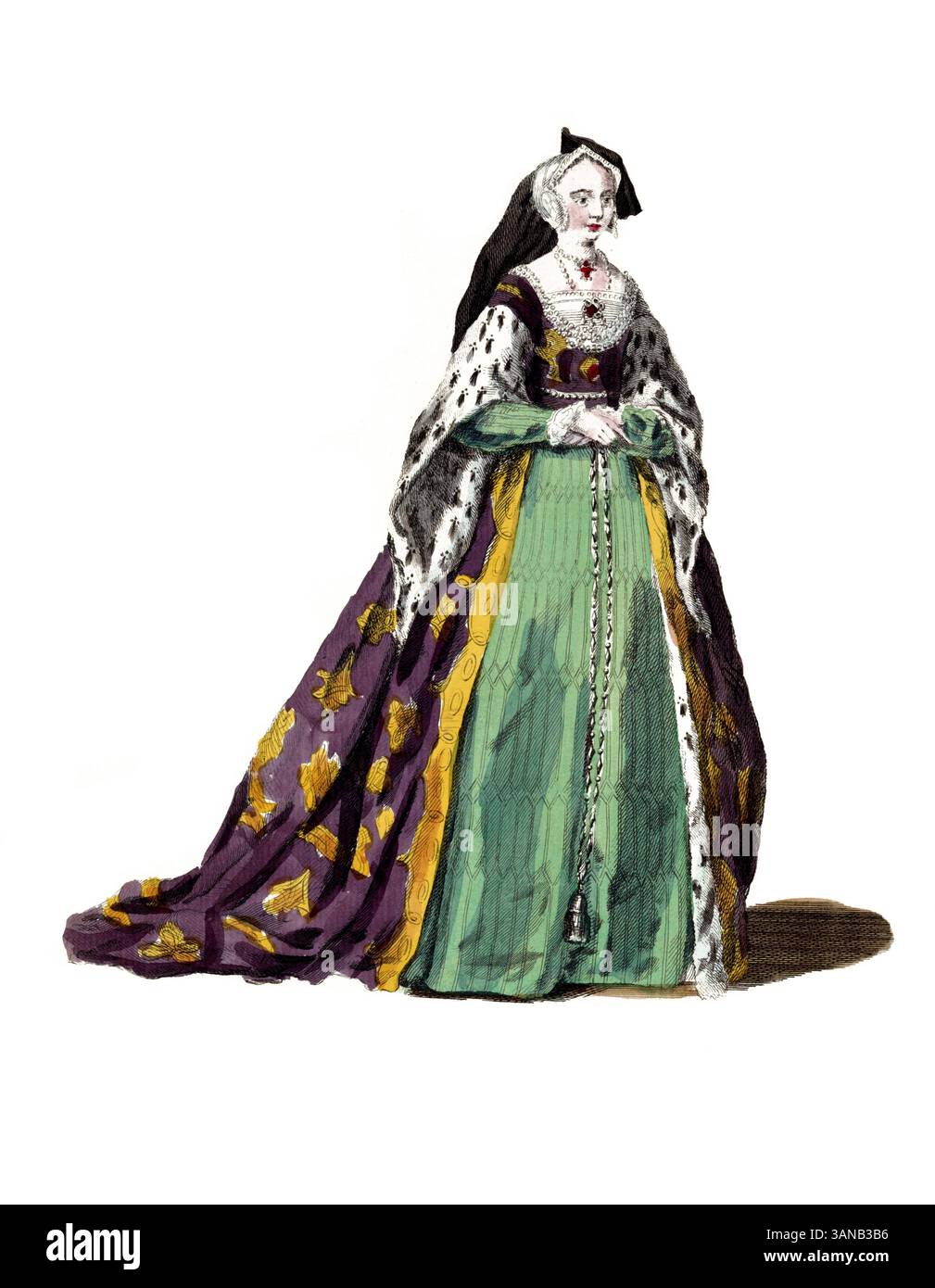 Vêtements historiques, histoire de la mode, vêtements de Jane Seymour (née vers 1509, décédée le 24 octobre 1537), la troisième des six épouses du roi anglais Henry VIII et donc de la reine consort d'Angleterre et d'Irlande, reproduction restaurée numériquement d'un original du XVIIIe/XIXe siècle, date exacte inconnue Banque D'Images