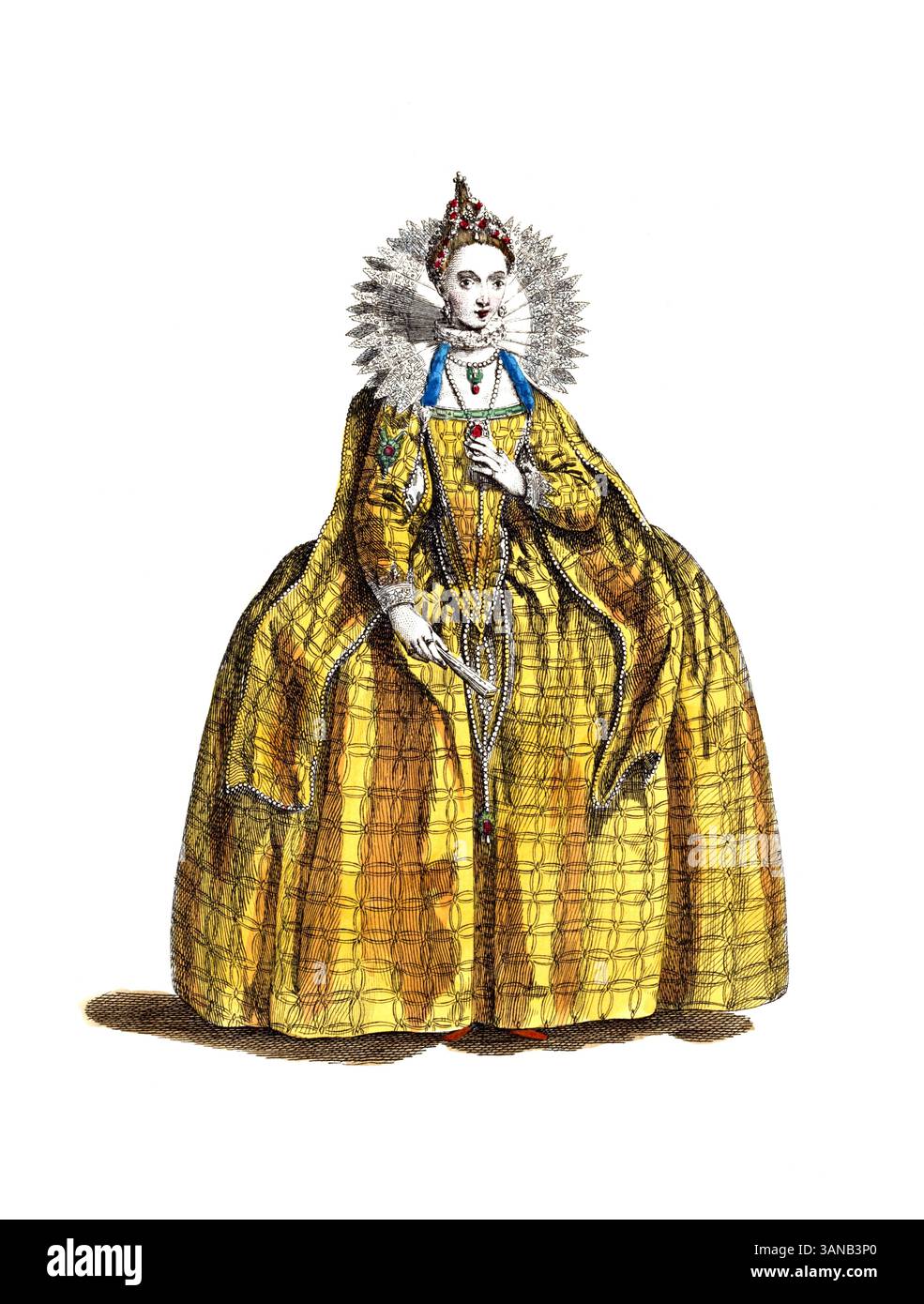 Vêtements historiques, histoire de la mode, Elizabeth I, Elizabeth I, en fait Elizabeth Tudor, aussi la Vierge reine, la jeune reine (7 septembre 1533 - 24 mars 1603), était reine d'Angleterre et d'Irlande du 17 novembre 1558 jusqu'à sa mort, ici en 1559, reproduction numérisée restaurée d'un original du 18ème / 19ème siècle, date exacte inconnue Banque D'Images