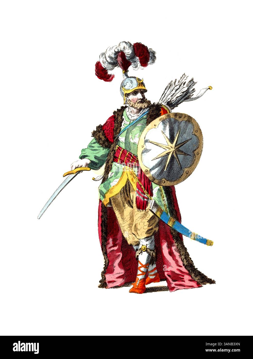 Vêtements historiques, histoire de la mode, uniforme du commandant en chef des Spahis, 1749, dans l'Empire ottoman, la cavalerie à fournir par les détenteurs des fiefs guerriers turcs, les Timars et les Zaïm, reproduction numérisée restaurée d'un original du 18ème/19ème siècle, date exacte inconnue Banque D'Images
