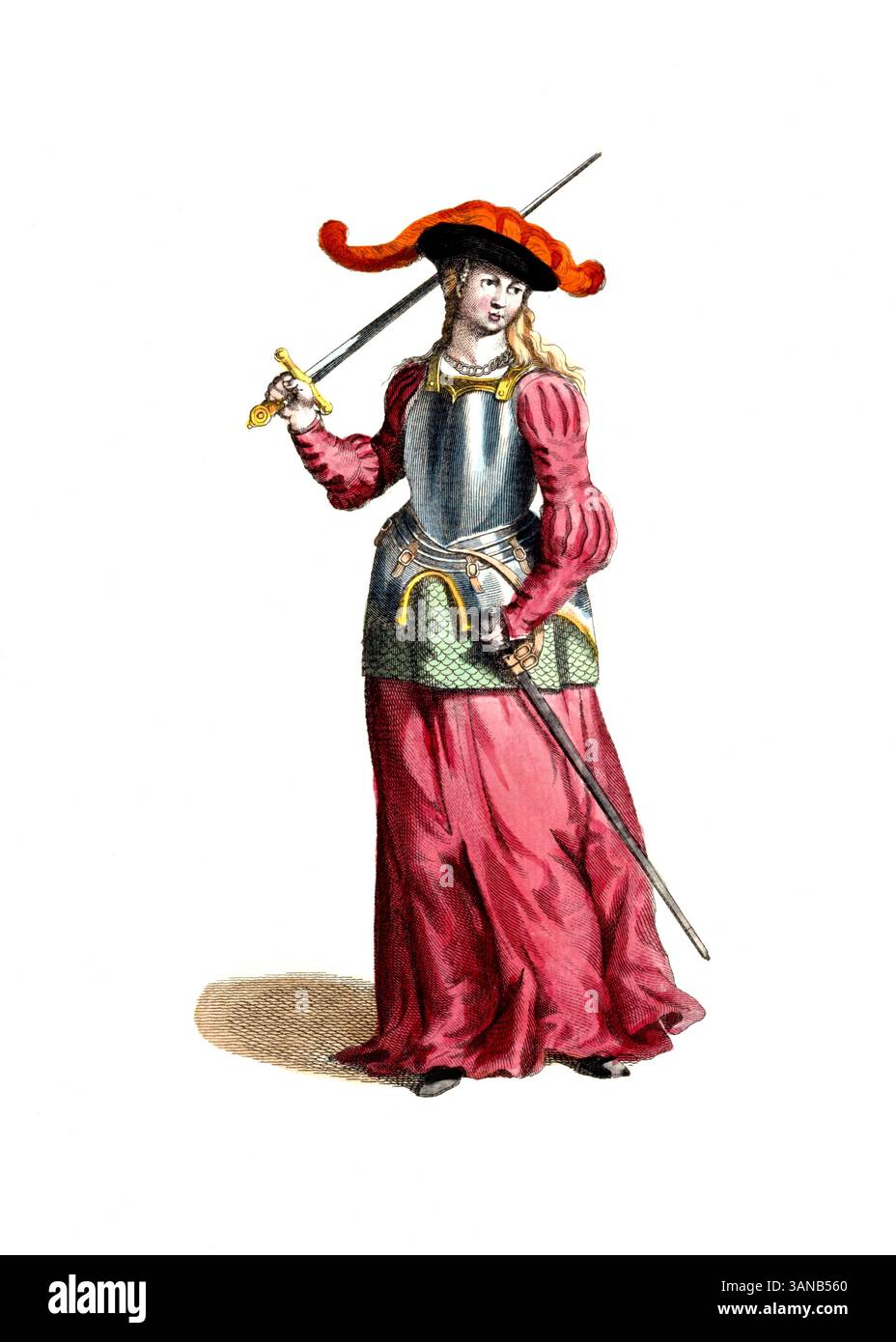 'Vêtements historiques, histoire de la mode, Jeanne d'Arc (* probablement 1412 à Domrémy, Lorraine ; décédé le 30 mai 1431 à Rouen, France), également connue sous le nom Jeanne d'Arc ou servante d'Orléans, était une résistante française dans la guerre de cent ans, reproduction numérisée restaurée d'un original du 18ème/19ème siècle, date exacte inconnue' Banque D'Images