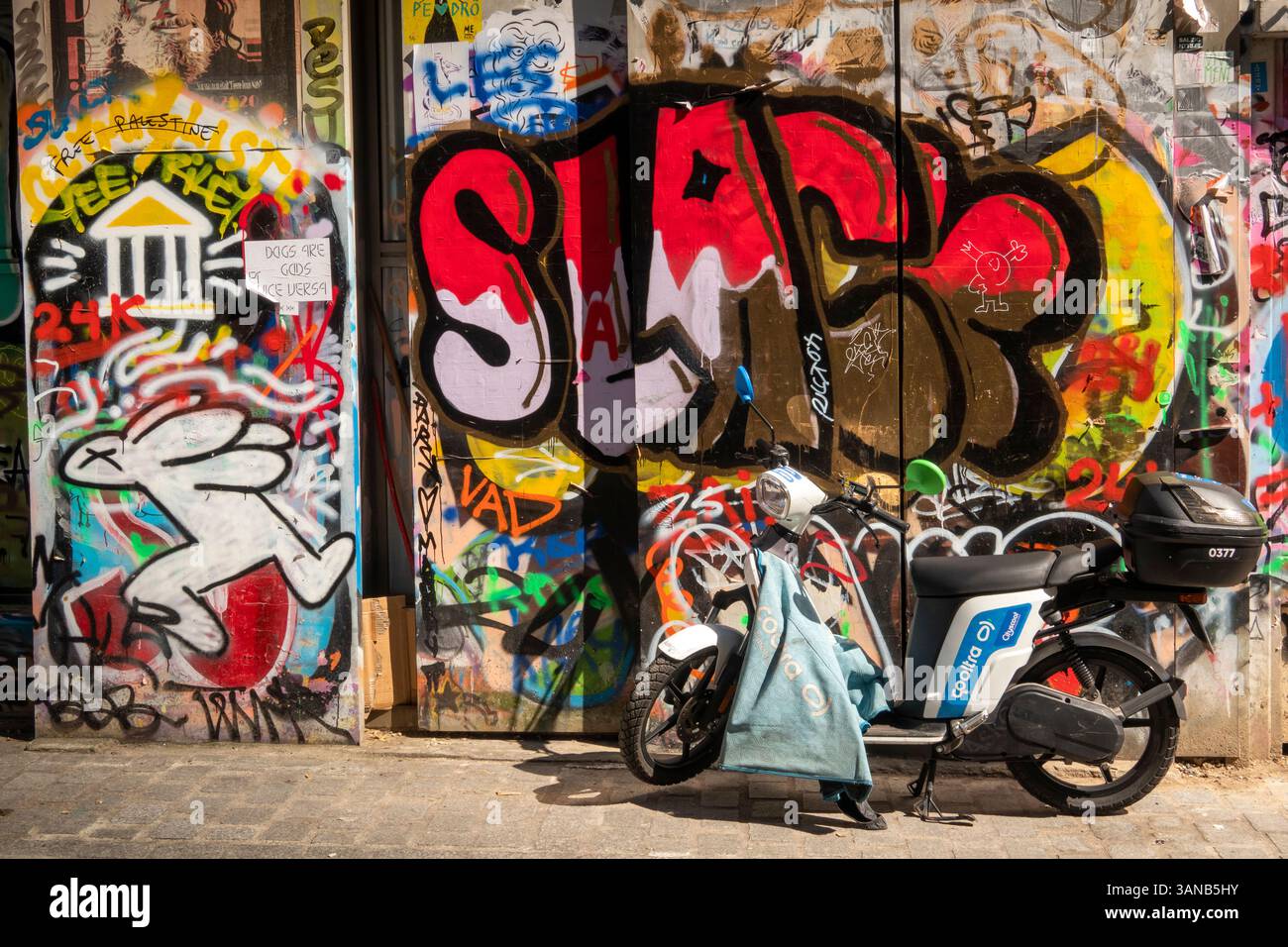 France, Paris, Belleville, Rue Denoyez, cooltra moto et route de bordure de graffiti dans le quartier majoritairement immigrés Banque D'Images