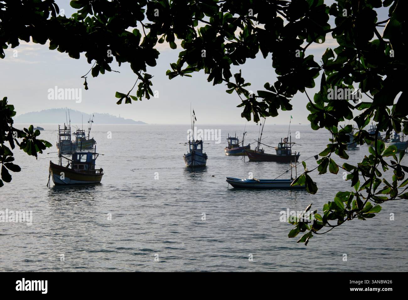 Sri Lanka, Province du Sud, plage de Weligama, bateaux de pêche à l'ancre Banque D'Images