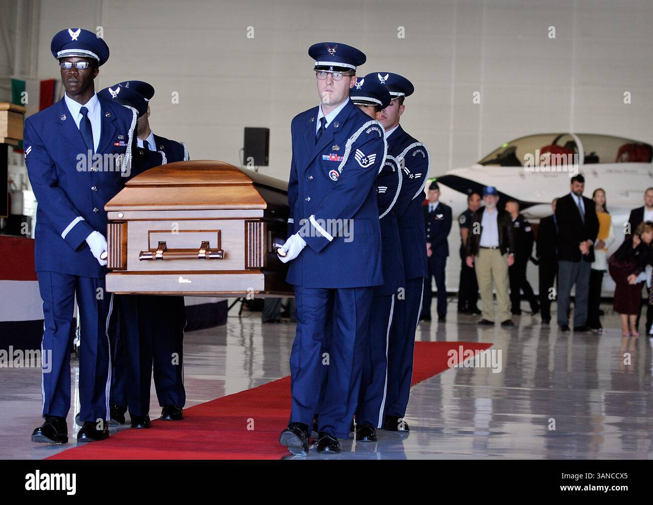 14 janvier 2010 - Las Vegas, Nevada, États-Unis - des porteurs de panache de l'United States Air Force portent le cercueil du pilote de l'USAF, le Major RUSSELL C. GOODMAN, lors d'un service commémoratif à la base aérienne de Nellis à Las Vegas, Nevada. Goodman a été abattu en 1967 pendant la guerre du Vietnam. Ses restes ont été récemment identifiés. (Crédit image : © David Becker/ZUMApress.com) Banque D'Images