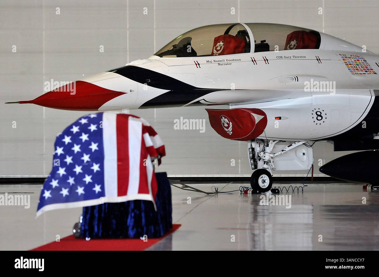 14 janvier 2010 - Las Vegas, Nevada, États-Unis - cercueil du pilote de l'United States Air Force, le Major RUSSELL C. GOODMAN, lors d'un service commémoratif à la base aérienne de Nellis à Las Vegas, Nevada. Goodman, un membre de l'équipe Thunderbird de l'USAF en 1967, prêté à la marine américaine, a été abattu et tué pendant la guerre du Vietnam. Ses restes ont été récemment identifiés. (Crédit image : © David Becker/ZUMApress.com) Banque D'Images