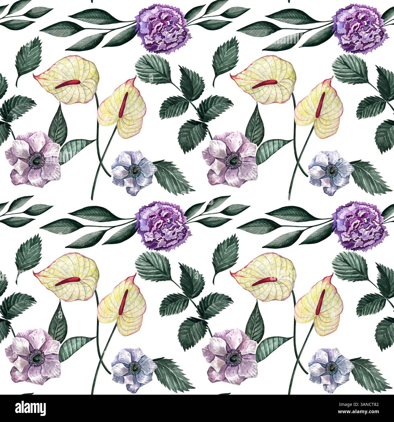 Motif sans couture aquarelle avec différentes fleurs sauvages. Joli motif fleuri parfait pour le design textile. Fond mignon pour tissu, textile, wallpape Banque D'Images
