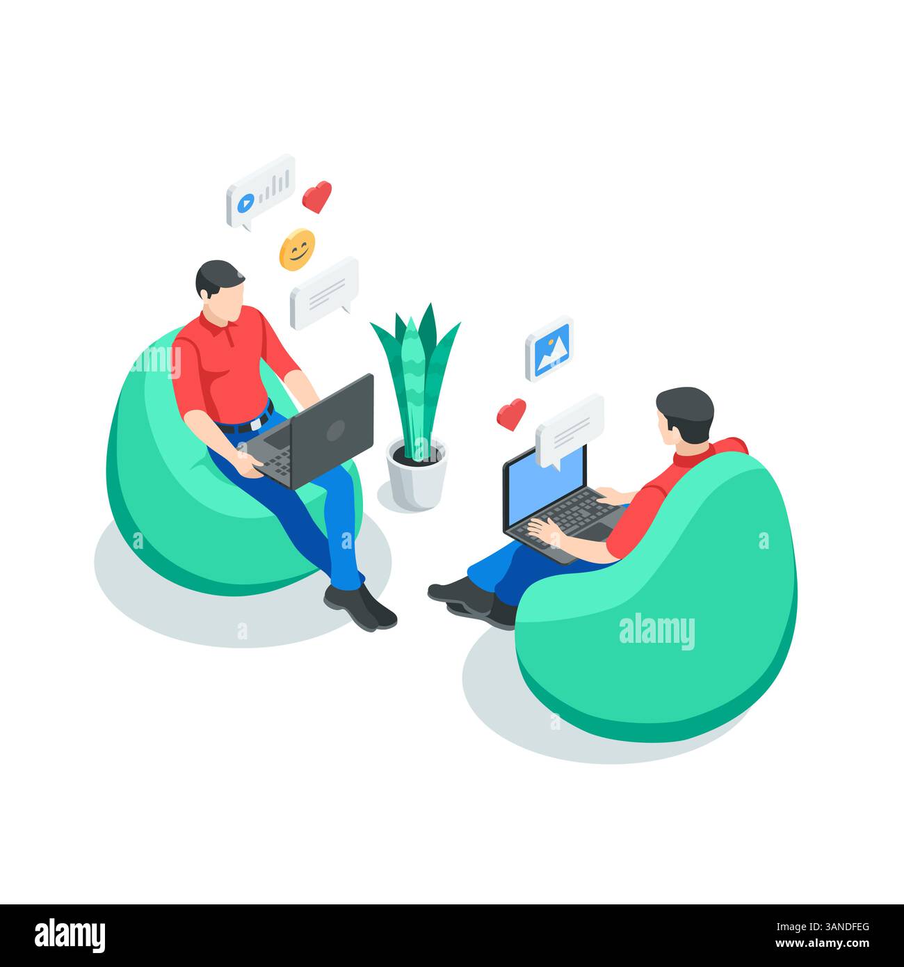 homme vecteur isométrique avec un ordinateur portable assis dans une chaise de pouf, en couleur sur un fond blanc, travaillant dans un environnement confortable à distance ou interne Illustration de Vecteur