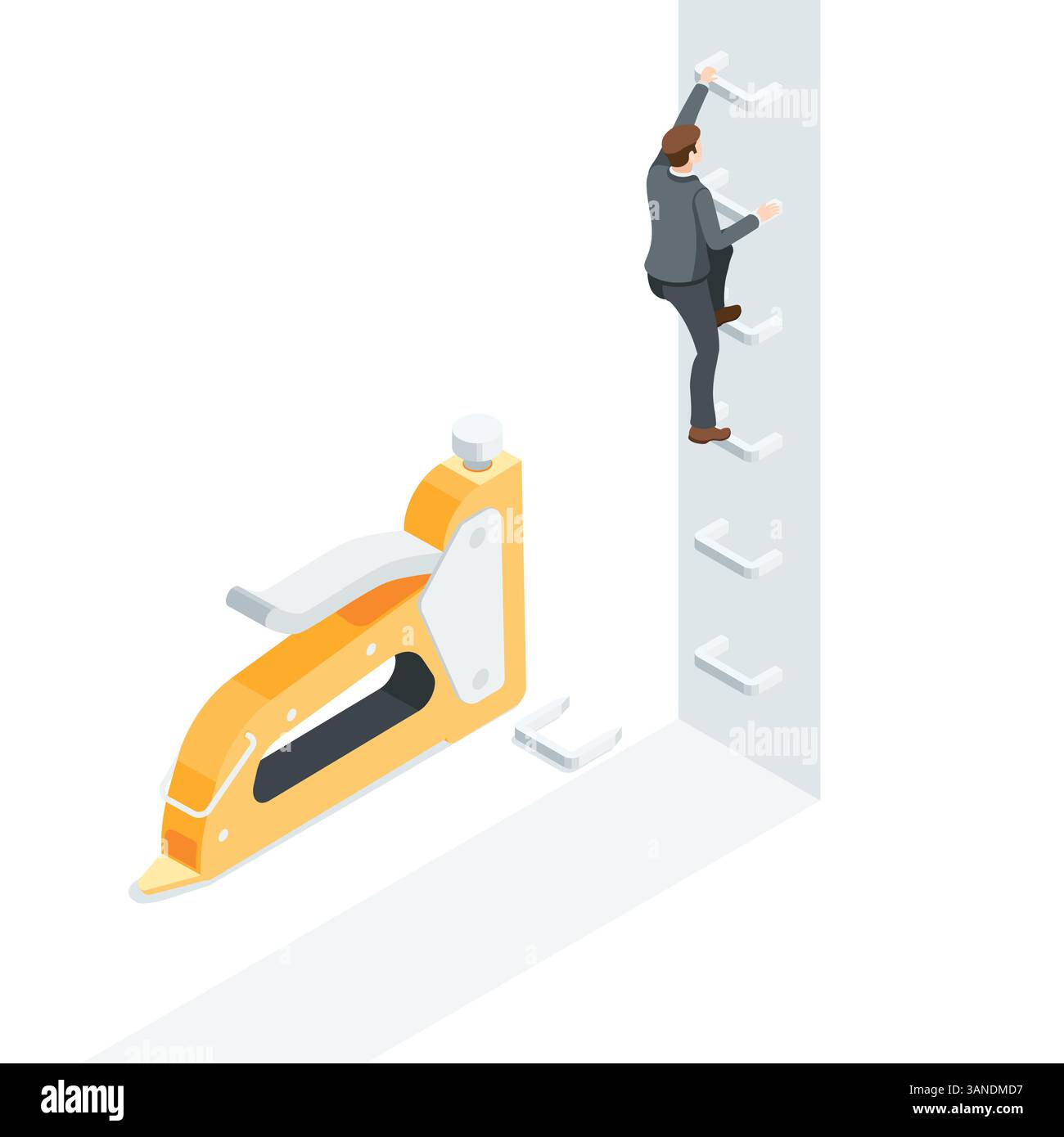 homme d'affaires vectoriel isométrique grimpant les escaliers des agrafes d'une agrafeuse de construction, en couleur sur un fond blanc, un chemin difficile à un g. Illustration de Vecteur