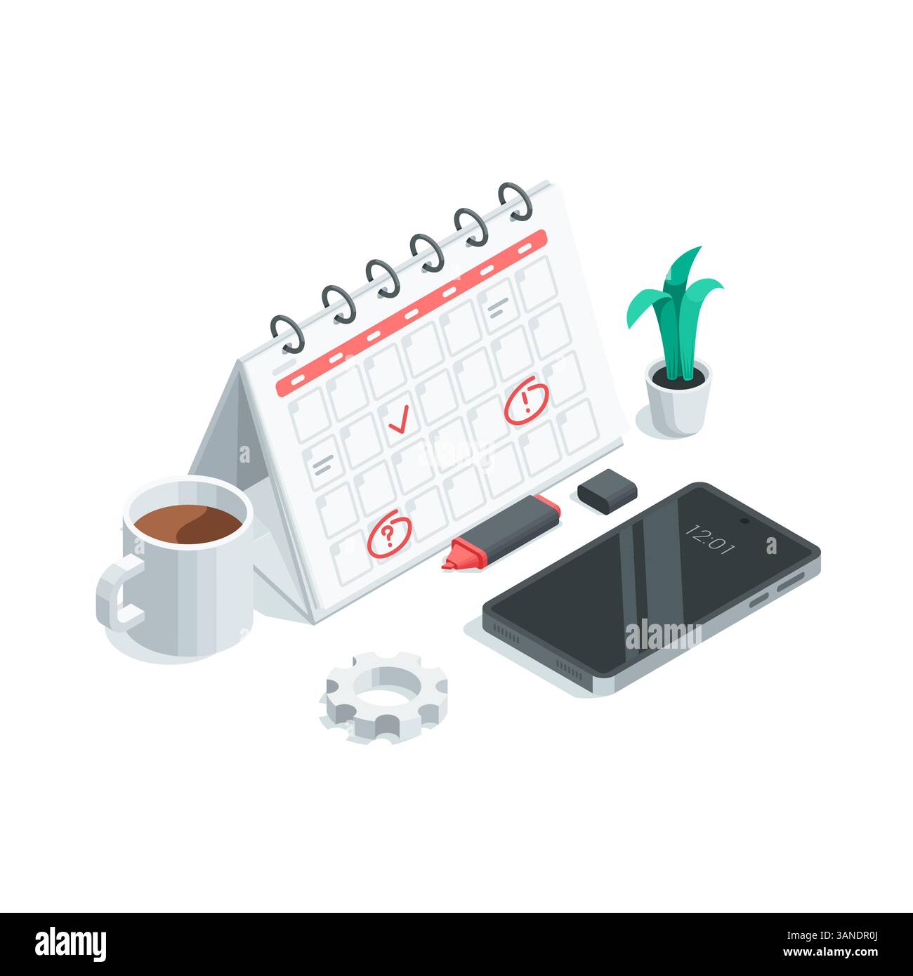 calendrier vectoriel isométrique et smartphone ainsi qu'un marqueur et une tasse de café, en couleur sur fond blanc, planification d'entreprise ou manag efficace Illustration de Vecteur