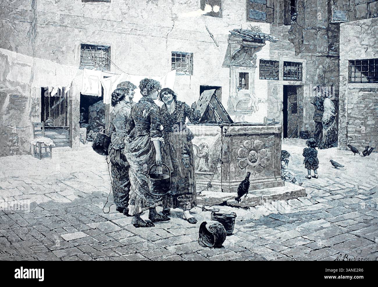 Quatre femmes à une fontaine discutant des événements de la journée, vers 1890, Italie, reproduction numérique d'un original du 19ème siècle, historique, les femmes se rassemblent autour d'une fontaine dans une cour pour puiser l'eau dans des seaux Banque D'Images