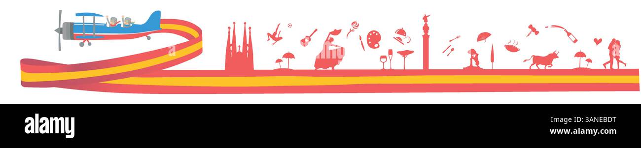 avion vintage avec un couple à bord, avec le drapeau espagnol horizontal avec des symboles et des icônes espagnols. Illustration vectorielle Illustration de Vecteur