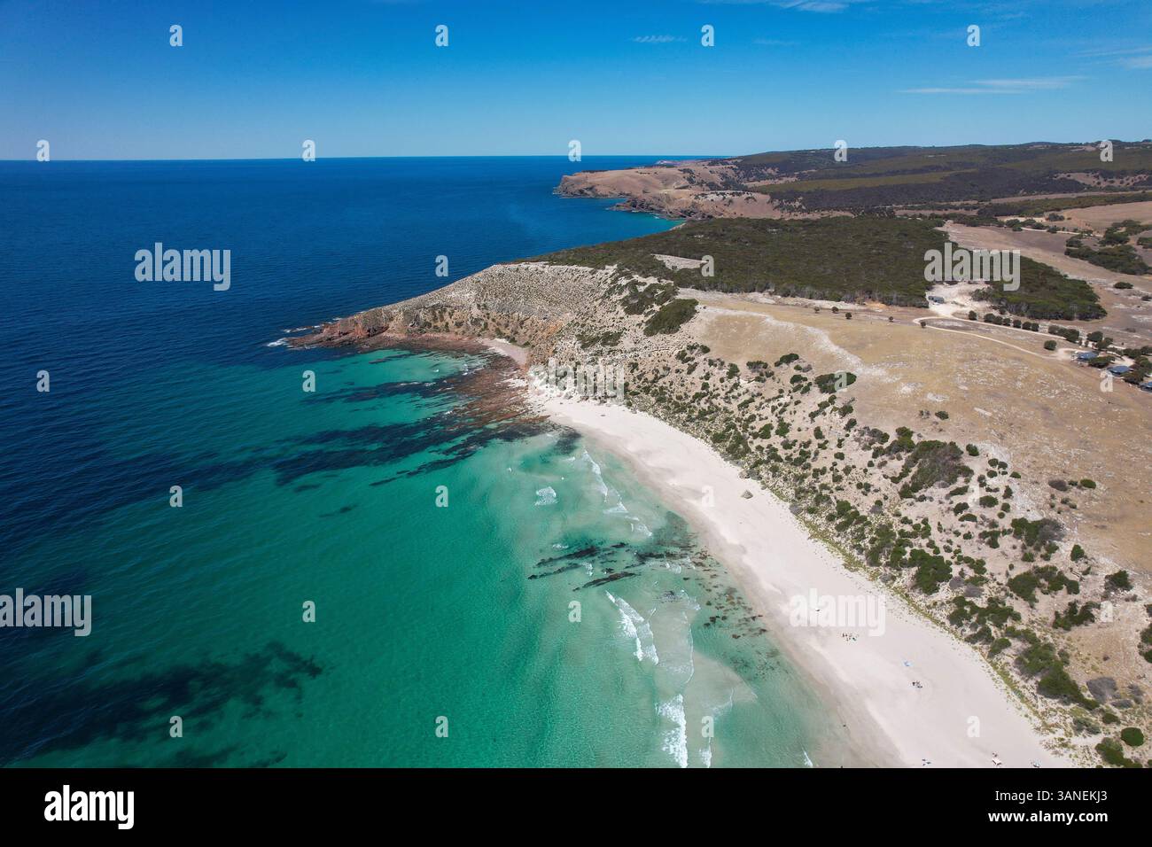Vue aérienne de la belle plage de Stokes Bay avec rivage de sable et vagues, Stokes Bay, Australie. Banque D'Images