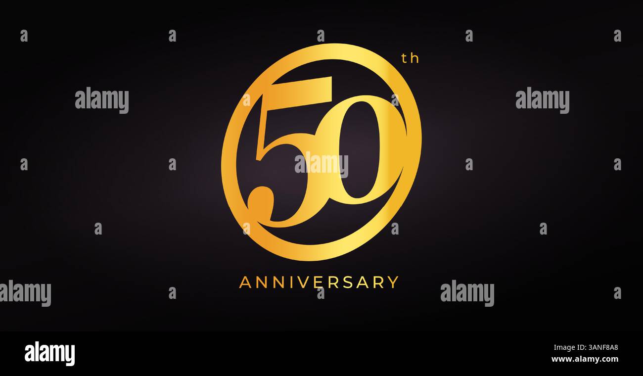 Design de logo Golden 50th Anniversary avec numéro élégant dans le cercle sur fond sombre. Parfait pour les célébrations, événements d'entreprise, Milestone ou Party Illustration de Vecteur