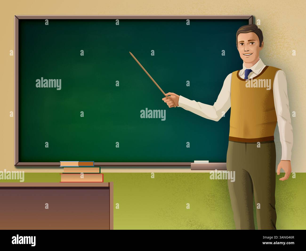 Professeur masculin pointant vers un tableau noir. Illustration numérique. Banque D'Images