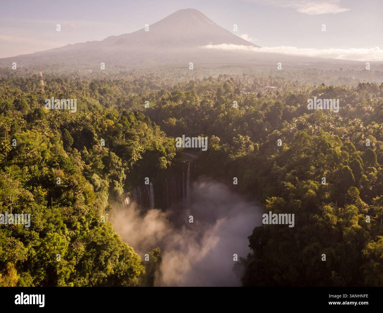 Vue aérienne de la cascade Coban Sewu entourée d'arbres forestiers avec la montagne volcanique Semeru en arrière-plan, Java oriental, Indonésie. Banque D'Images