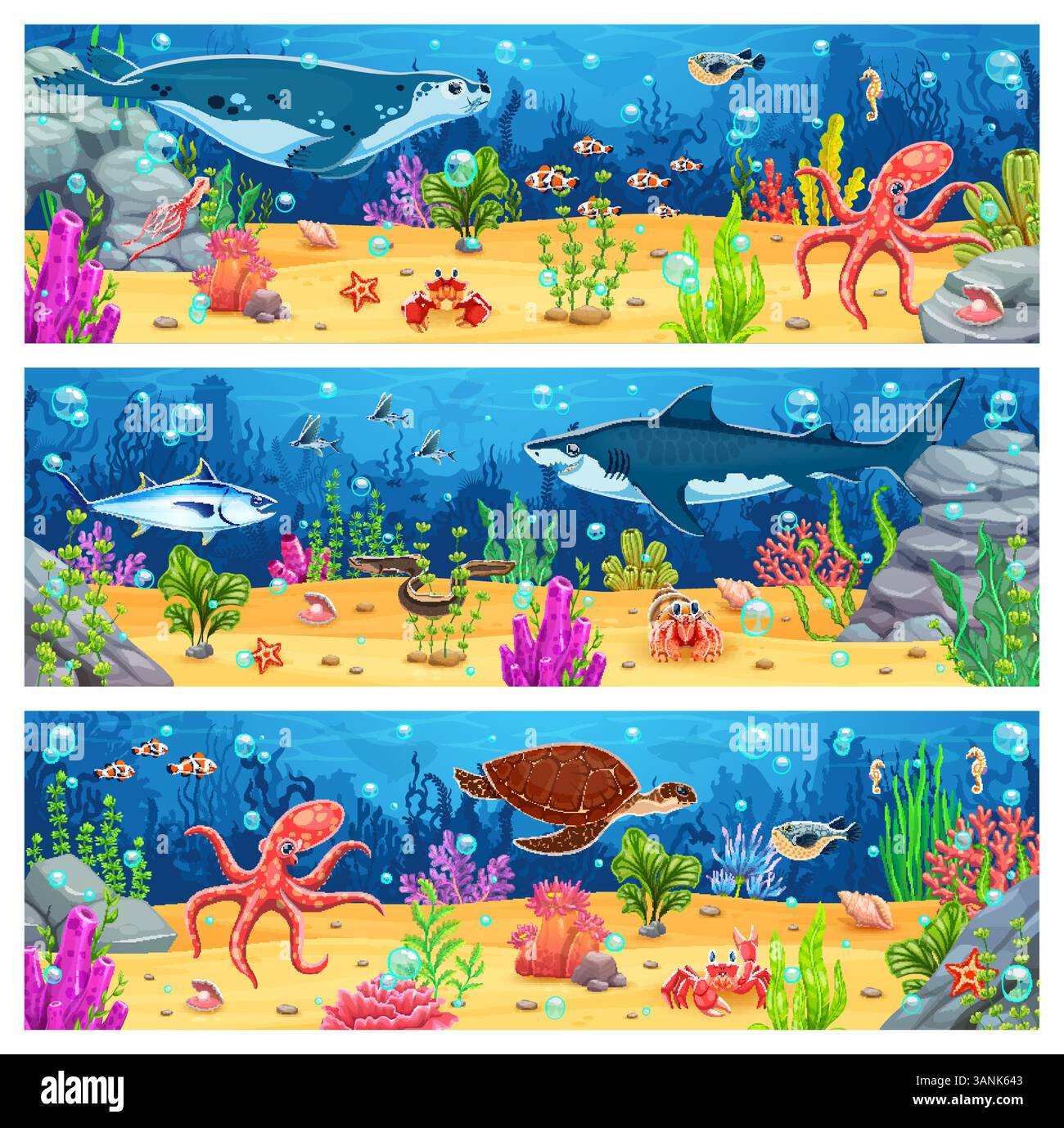 Paysage sous-marin de l'océan de dessin animé, fond de carte de jeu avec des animaux marins et des personnages de poissons. Vecteur requin, poulpe, calmar et tortue, phoque, crabe, maquereau, hippocampe et étoiles de mer paysage sous-marin Illustration de Vecteur