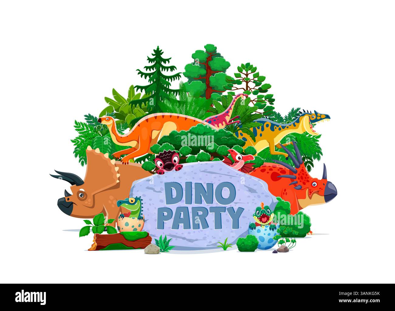 Bannière de fête Dino avec des dinosaures préhistoriques drôles et des lézards ou des reptiles, vecteur de bande dessinée. Fête de dinosaure pour anniversaire ou événement de divertissement de costume, musée de paléontologie ou parc d'attractions jurassique Illustration de Vecteur