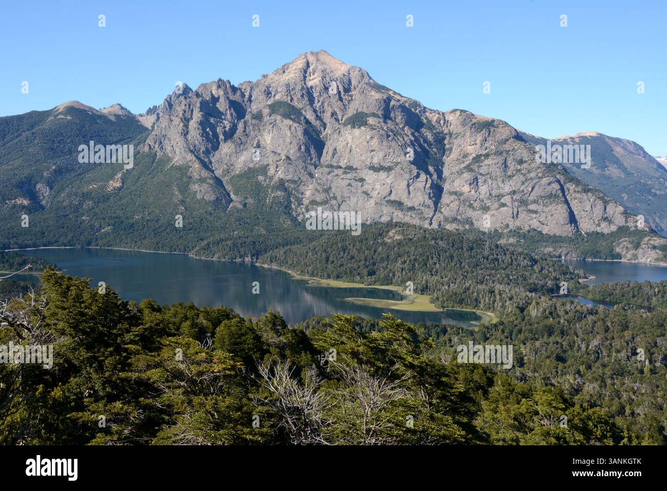 Une vue sur les montagnes des Andes et les lacs et la forêt du parc national Nahuel Huapi, près de San Carlos de Bariloche, Patagonie, Argentine. Banque D'Images