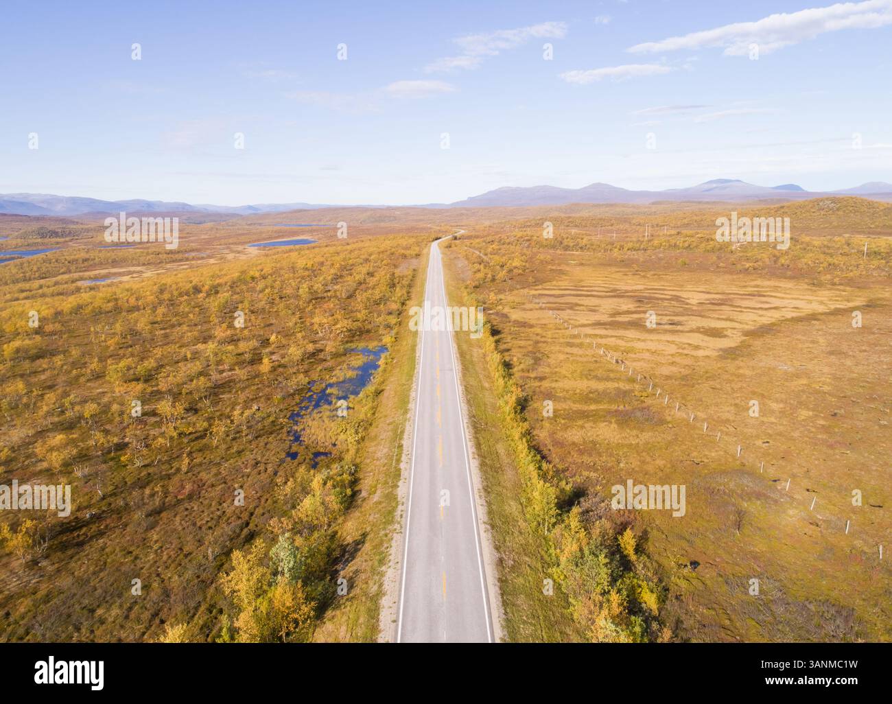 Vue aérienne d'une route entourée de champs verdoyants, Karasjok, Norvège Banque D'Images