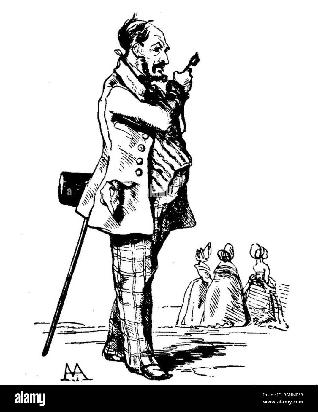 Illustration tirée de Fliegende Blätter, volume 2, numéro 40, page 125, créée en 1846. La pièce de Carl Stauber met l’accent sur le style d’illustration caractéristique de l’époque et reflète les récits culturels de l’époque. Banque D'Images