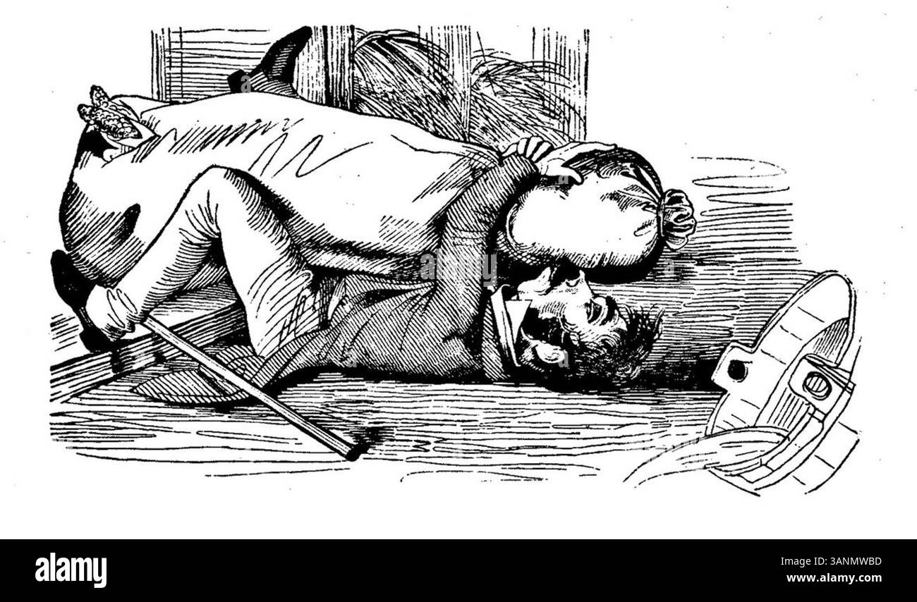 Illustration tirée de Fliegende Blätter, volume 2, numéro 40, page 127, créée en 1846. La pièce illustre le détail complexe et la puissance narrative de l'illustration allemande du XIXe siècle. Banque D'Images