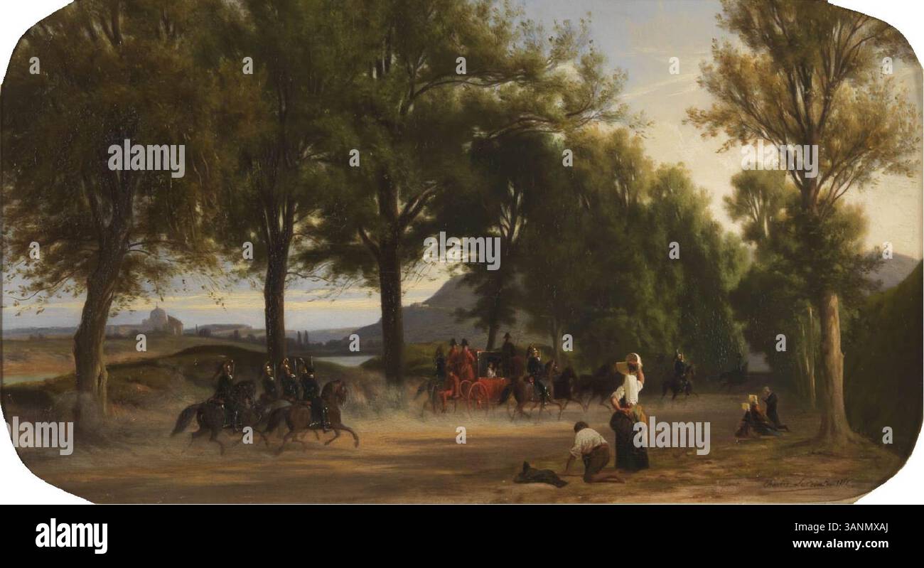Ce tableau de 1855 de Charles-Joseph Lecointe représente le pape Pie IX dans une calèche lors de sa visite à la Tour di Quinto, capturant un moment de l'histoire papale au milieu du XIXe siècle. Banque D'Images