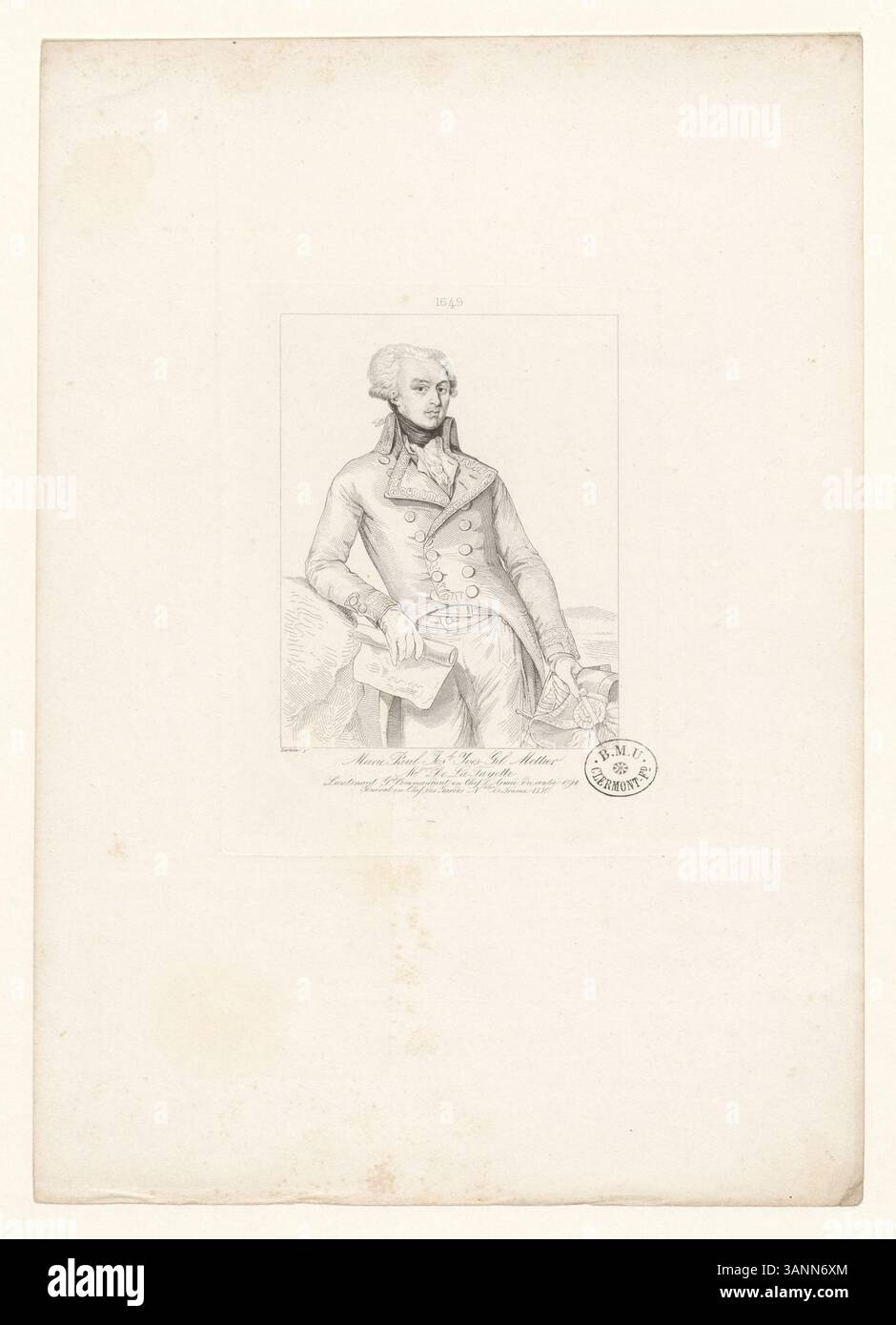 Estampe en taille-douce de Marie Paul Josh Yves-Gil Mottier, marquis de Lafayette, soulignant sa carrière militaire, son leadership dans la Révolution française et son rôle ultérieur dans l'armée française au XIXe siècle. Banque D'Images