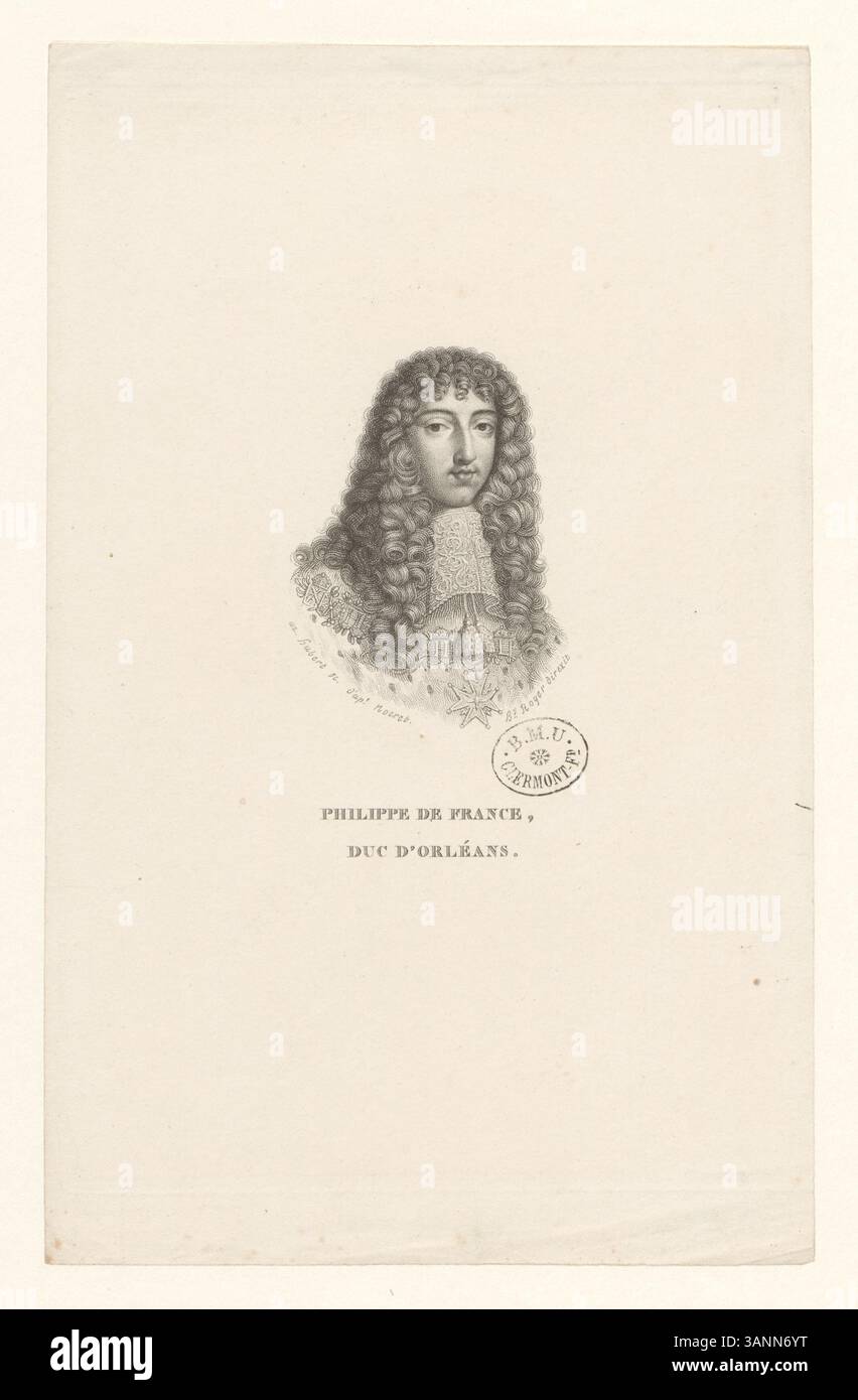 Estampe en taille-douce de Philippe de France, duc d'Orléans, créée par Jean Nocret. Cette estampe, qui fait partie de la collection Boyer, représente le duc dans une gravure détaillée, capturant l'essence du noble français du XVIIe siècle avec précision et habileté. Banque D'Images