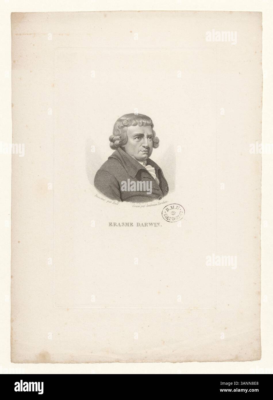 Cette gravure en taille-douce d’Erasmus Darwin, médecin anglais, poète et grand-père de Charles Darwin, met en évidence ses contributions intellectuelles à la science et à la littérature, reflétant le travail artisanal détaillé de la gravure. Banque D'Images