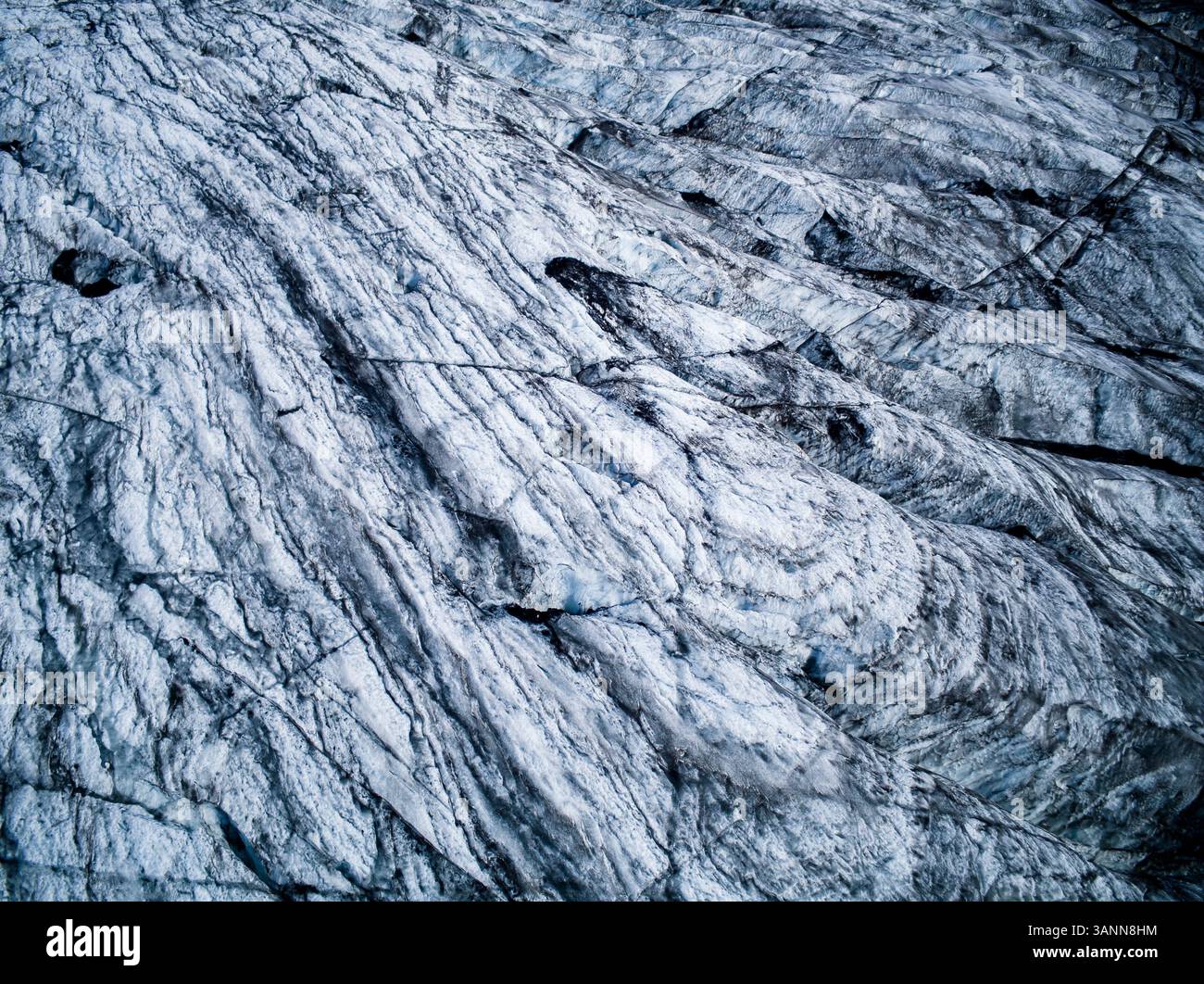 Vue aérienne du glacier Solheimajokull dans le sud de l'Islande. Banque D'Images