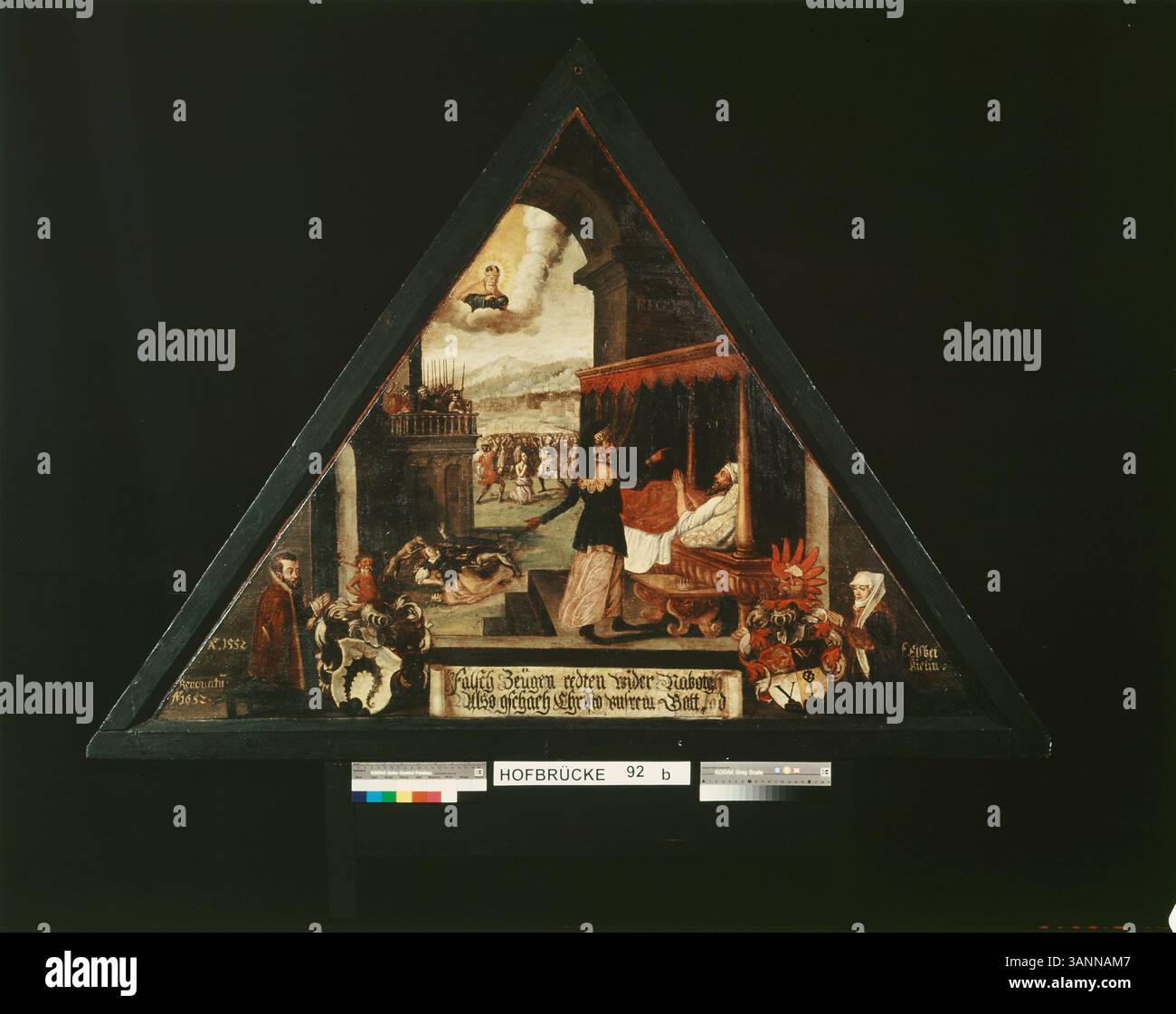 La peinture de la mort de Naboth représente un événement biblique où de faux témoins accusent Naboth, conduisant à sa mort injustifiée. La peinture met en lumière les thèmes de l'injustice, du faux témoignage et de la rétribution divine. Il fait partie des Archives municipales de Lucerne. Banque D'Images