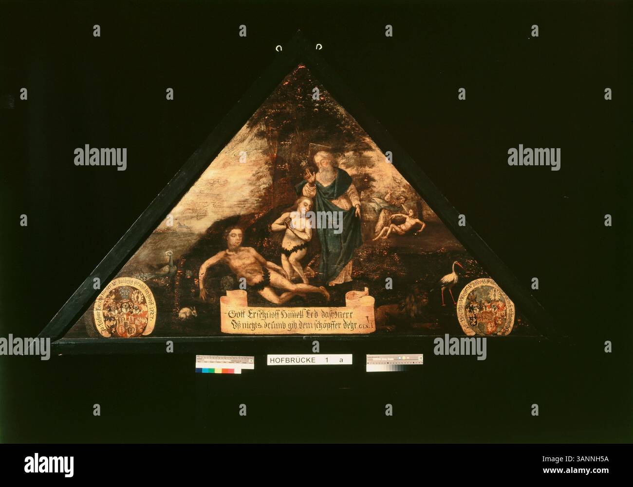 La création d’Adam et Eve peinture représente le moment biblique de la création, où Dieu forme Adam à partir de la poussière et crée Eve à partir de la côte d’Adam. L'acte divin symbolise le commencement de l'humanité et la création de la vie par Dieu. Banque D'Images
